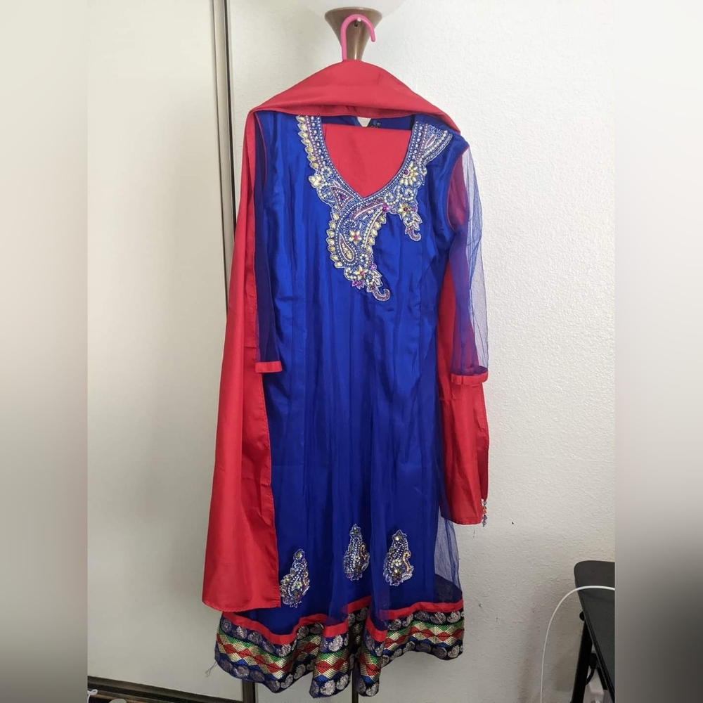 3 piece Indian Blue & Red Anarkali Salwar Kameez Suit